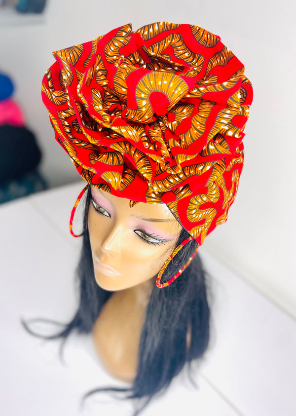 Red Amaka Pretied Satin Lined Headwraps with earrings
