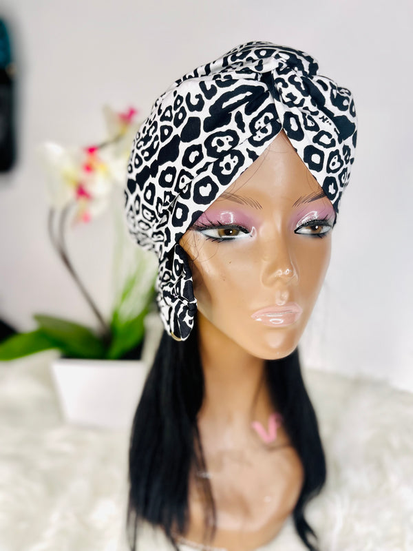 White Marble Satin Lined Turban With Earrings