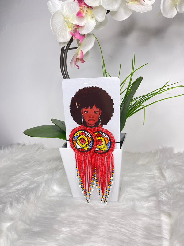 Red Beaded  Nandi Tassels Earrings