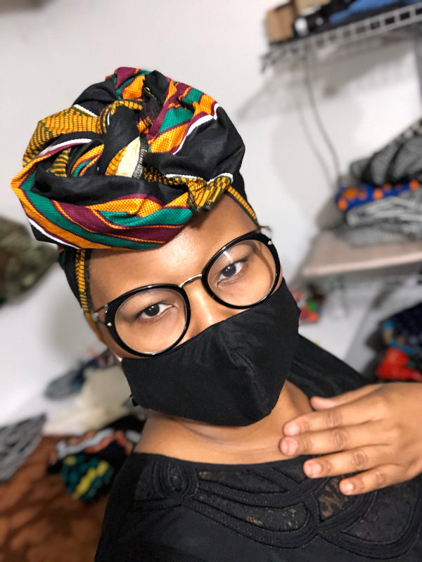 Black kente Head Wrap with Facemask