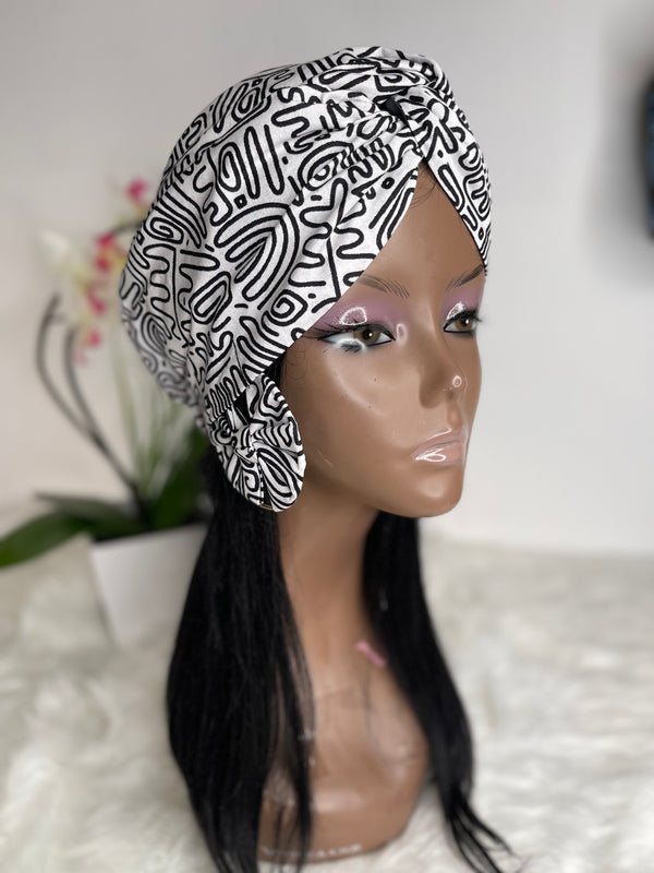 White and Black Batik Satin Lined Turban With Earrings
