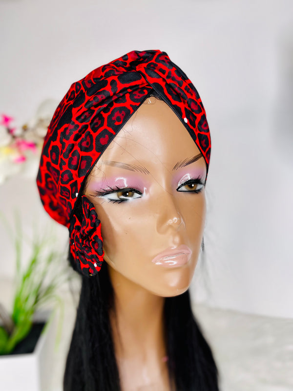Red Marble Satin Lined Turban with Earrings